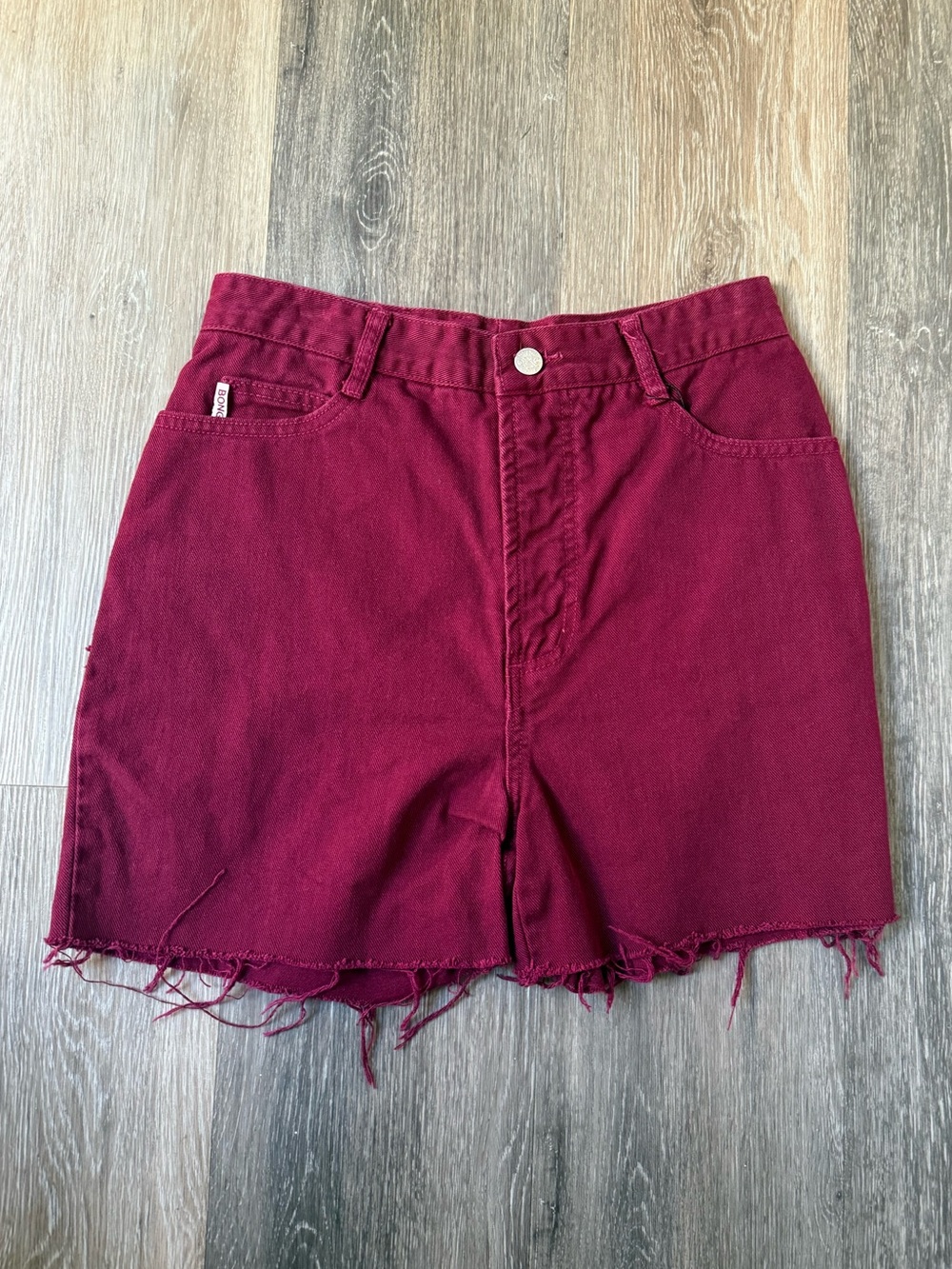 Vintage BONGO Burgundy High-Rise Raw Hem Denim Shorts Waist 27”